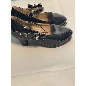 New girl's kids formal dress wedding shoes Black rhinestones Bow Size12 Bin3